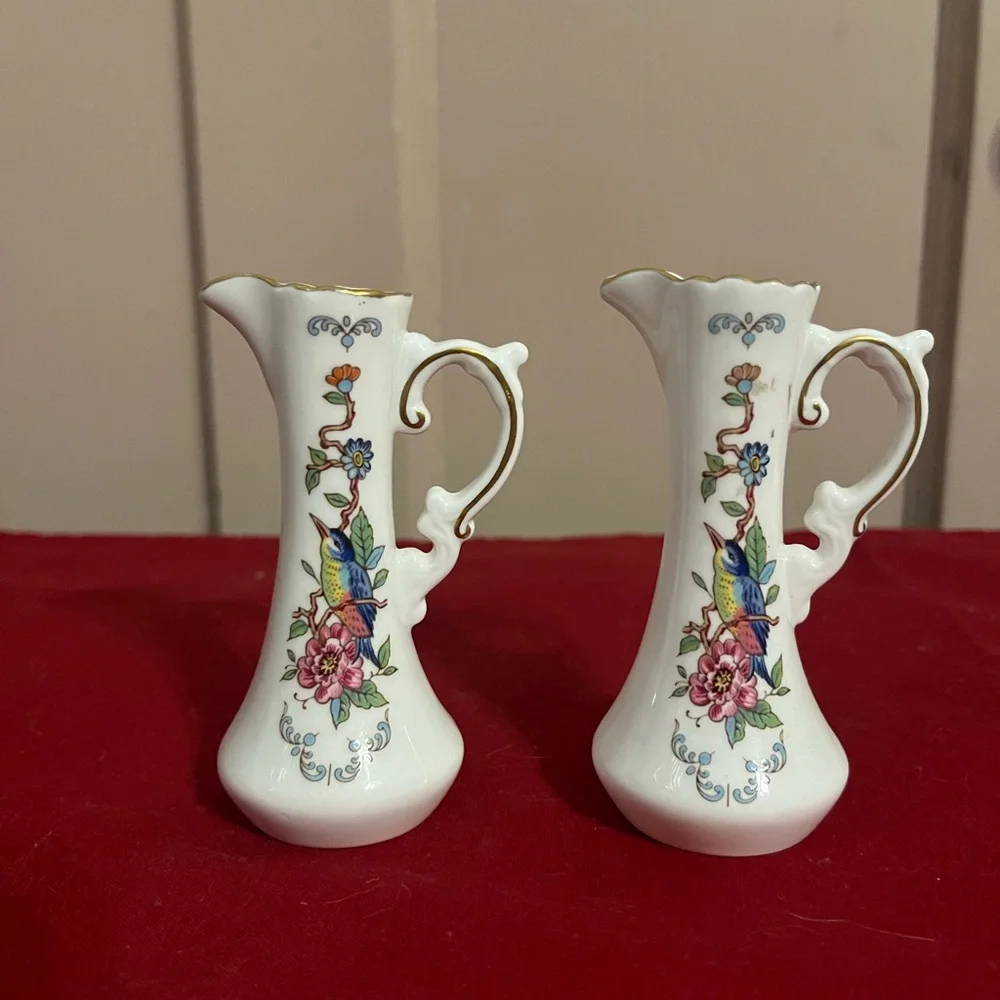 White Porcelain Floral milk  Pitcher  with Gold Trim and Multicolor Bird Design